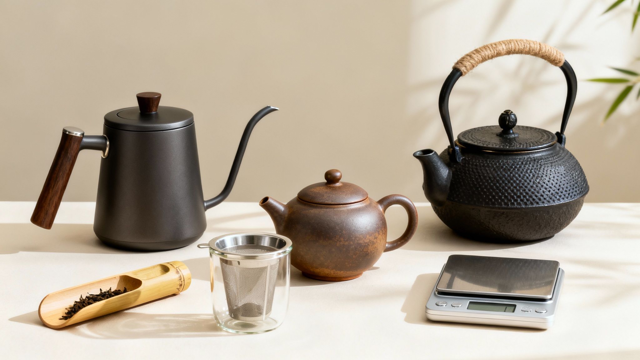 A collection of elegant tea-making accessories including kettles, teapots, and a tea infuser.