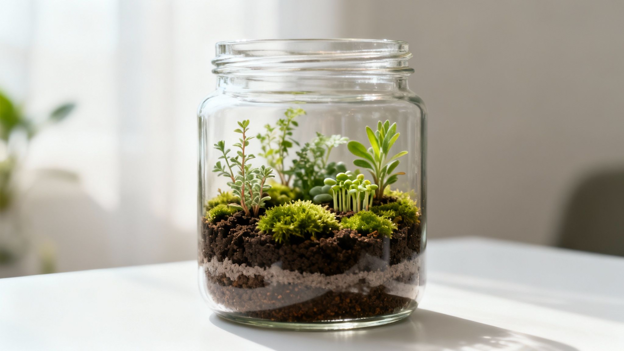 A beautiful glass jar terrarium featuring lush green plants, moss, and layered soil, bathed in natural light.