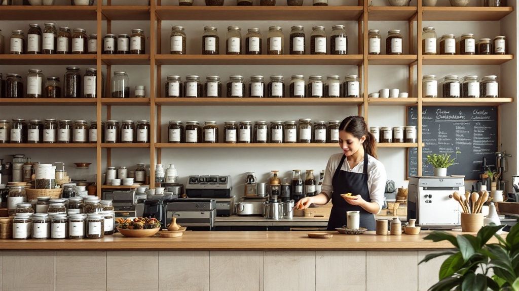 A customer smelling a jar of loose leaf tea in a specialist shop.