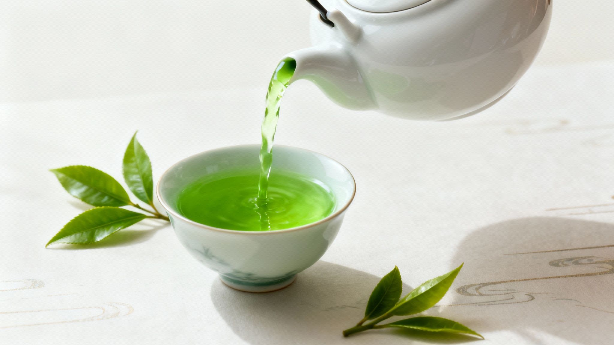 Vibrant green tea poured from a white teapot into a small cup, with fresh tea leaves.