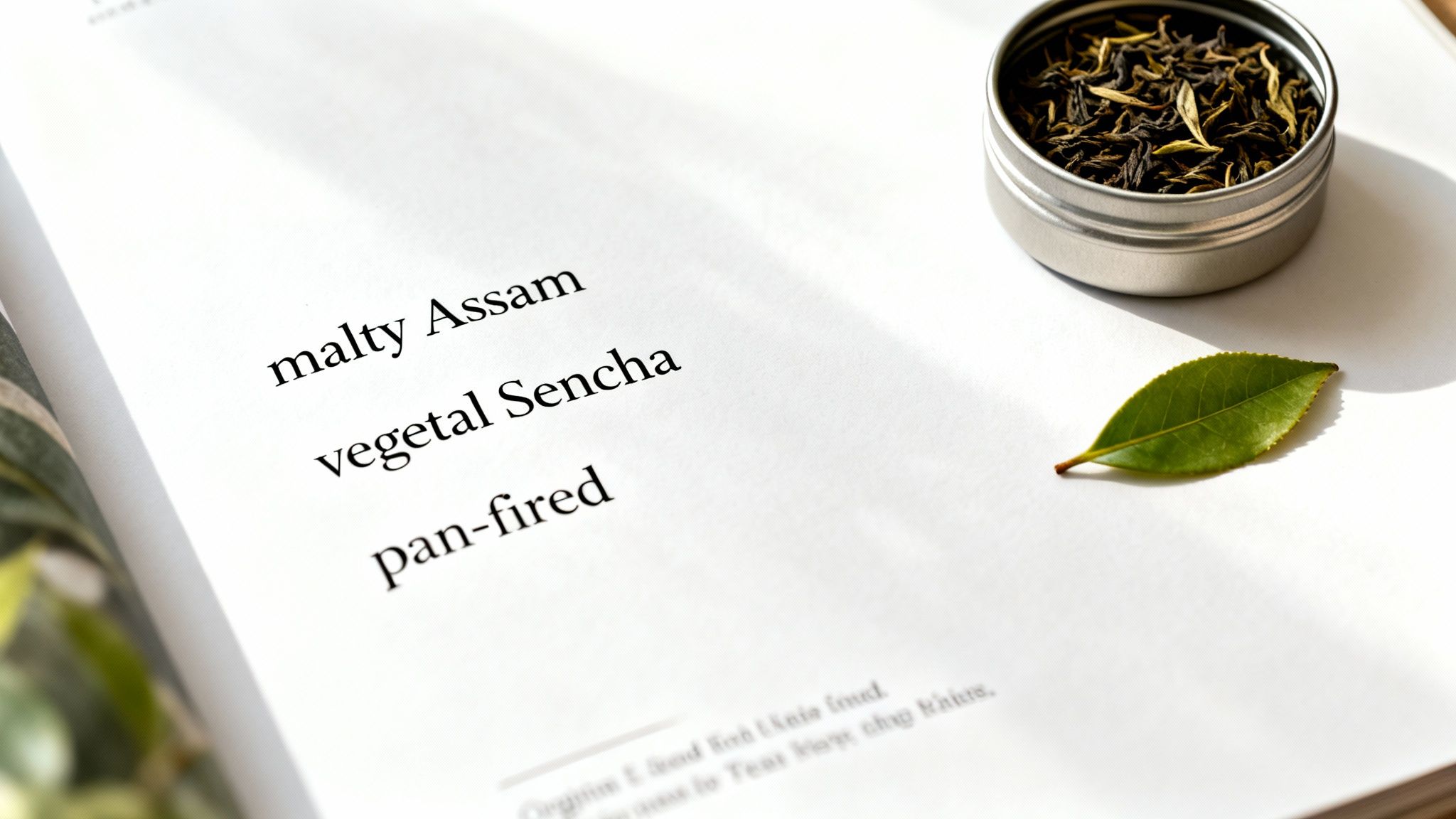 Open book displaying tea types like Assam and Sencha, with dried tea leaves in a tin and a fresh green leaf.