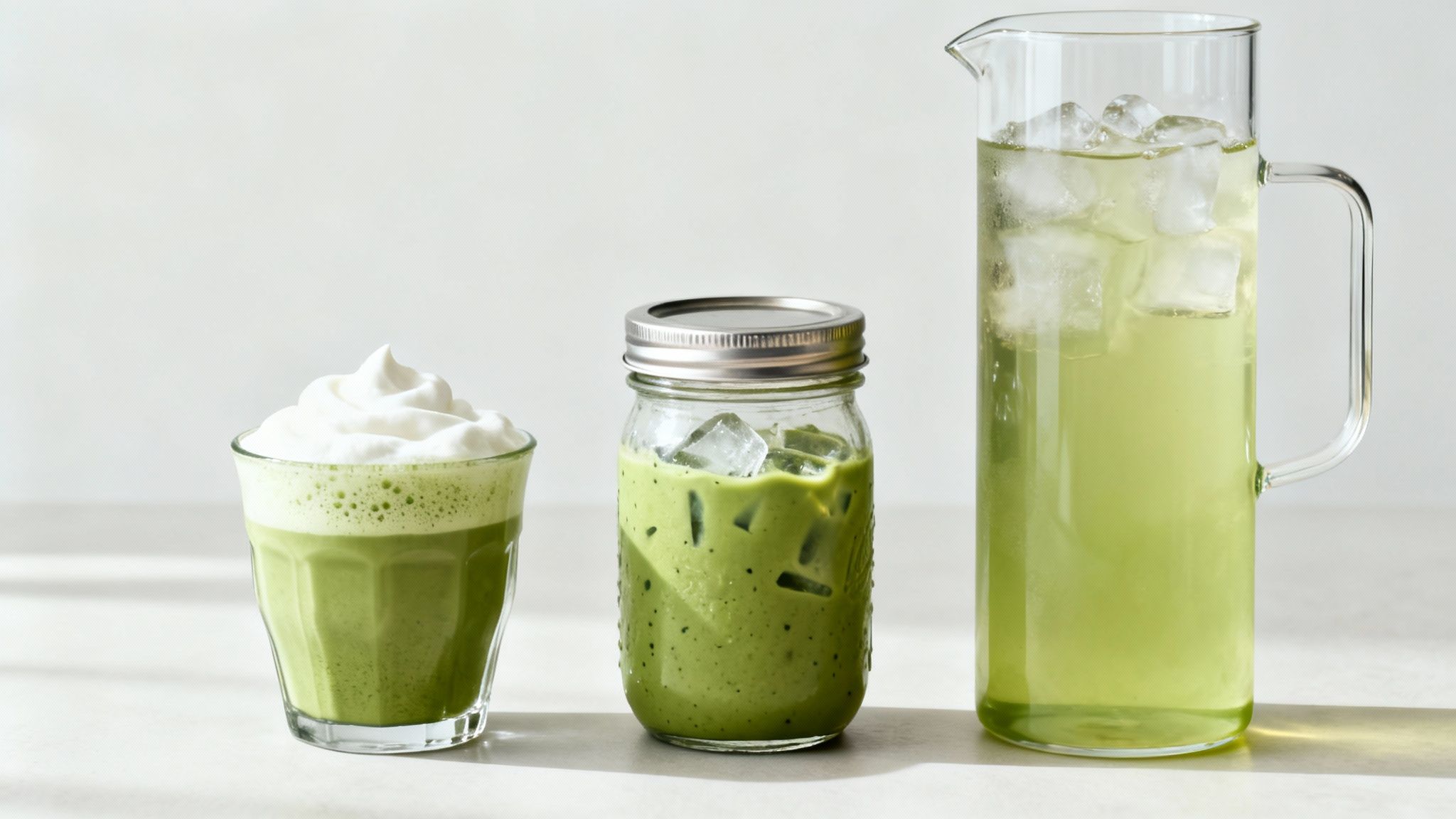 Three refreshing matcha drinks: a creamy latte with whipped cream, an iced matcha latte, and a pitcher of iced matcha tea.