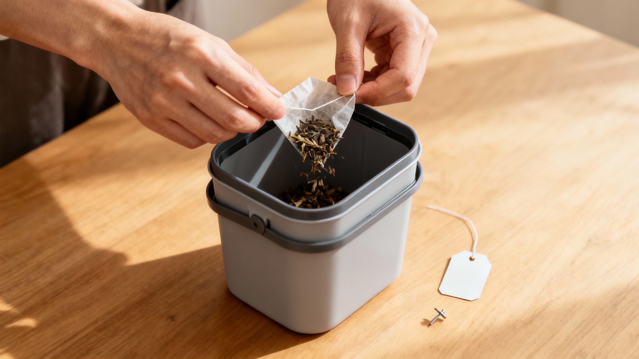 A person's hands are shown tearing open a used tea bag over a compost bin, with tea leaves falling out.