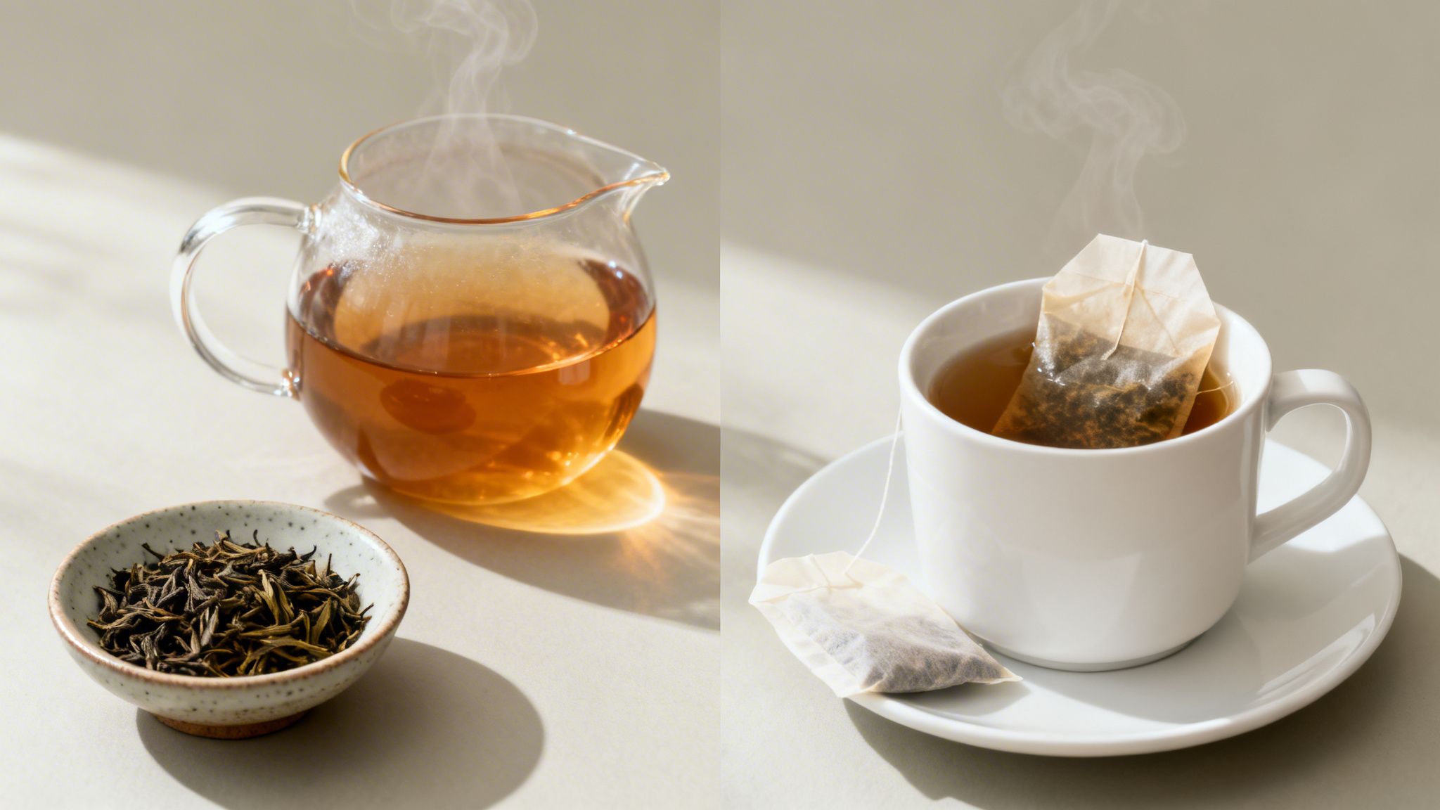Steaming loose leaf tea in a glass pot with dry leaves, next to a cup with a tea bag.