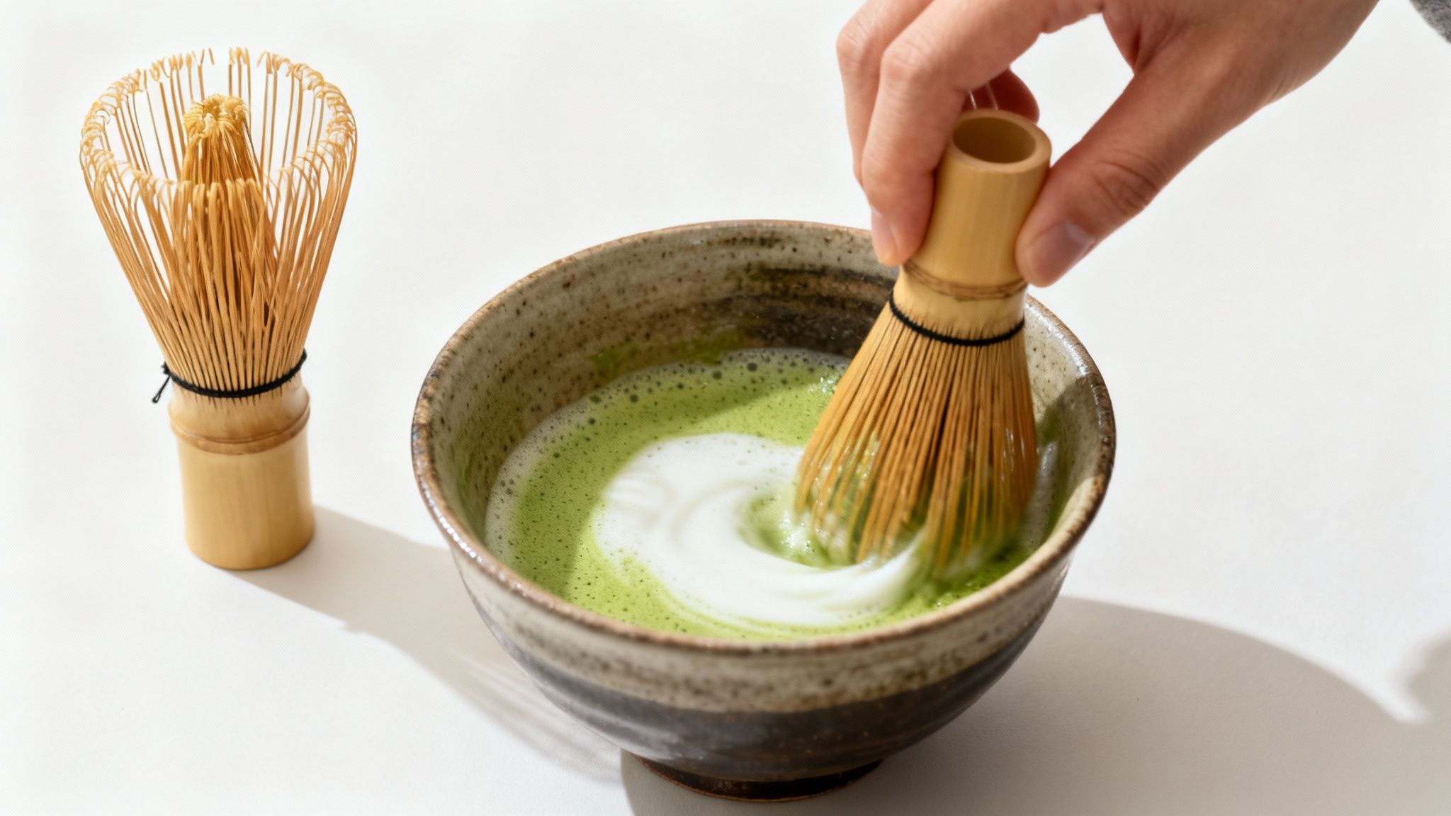 A hand whisking vibrant green matcha tea in a bowl with a bamboo whisk, next to a whisk holder.
