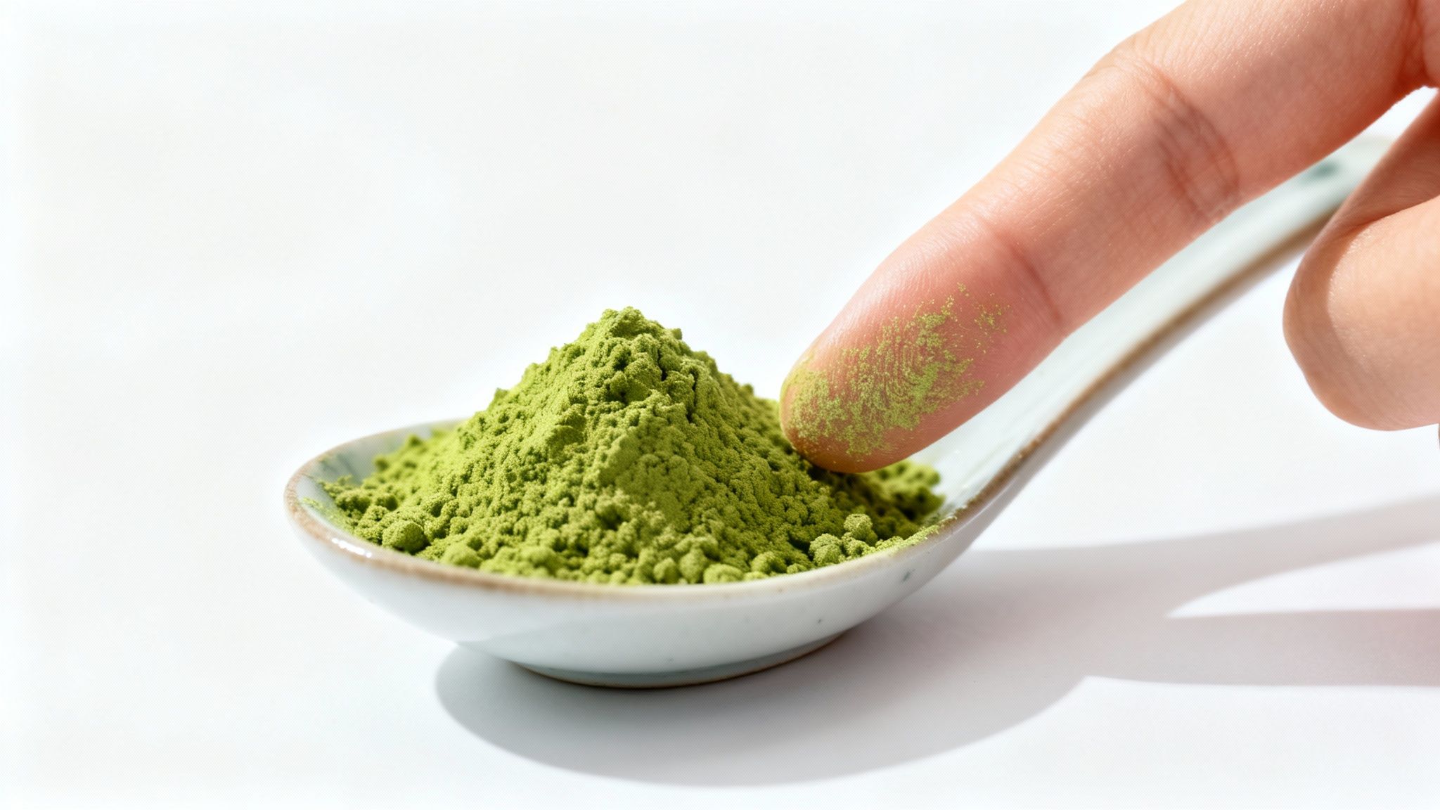 A close-up of a finger touching a pile of vibrant green matcha powder on a white spoon.