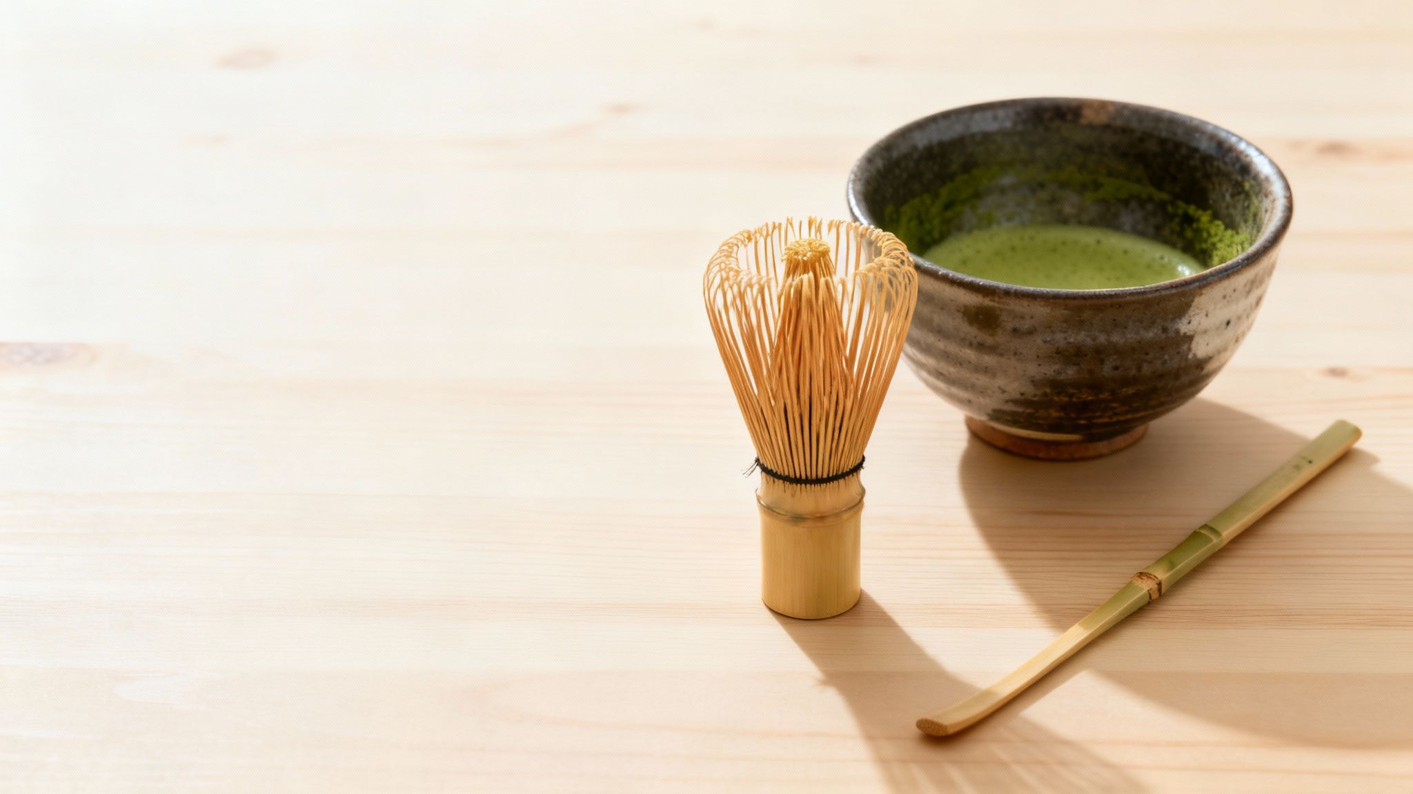 A traditional matcha tea set including a bamboo whisk, scoop, and a ceramic bowl arranged neatly on a wooden surface.