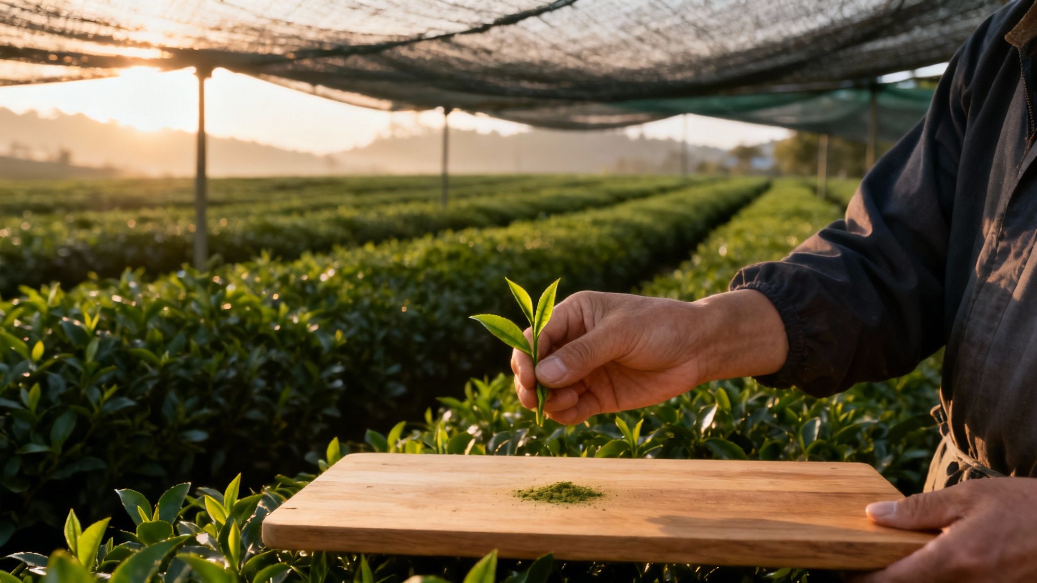 Tea leaves being carefully harvested by hand in a lush, green field