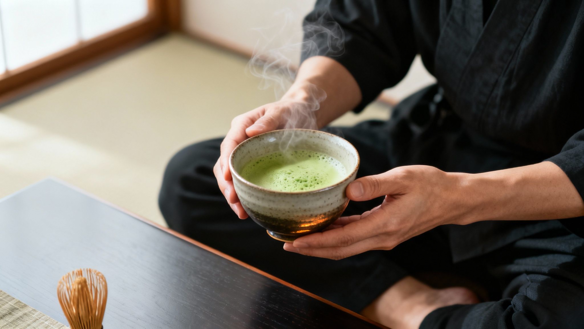 A traditional matcha tea set with a bowl, bamboo whisk, and vibrant green powder