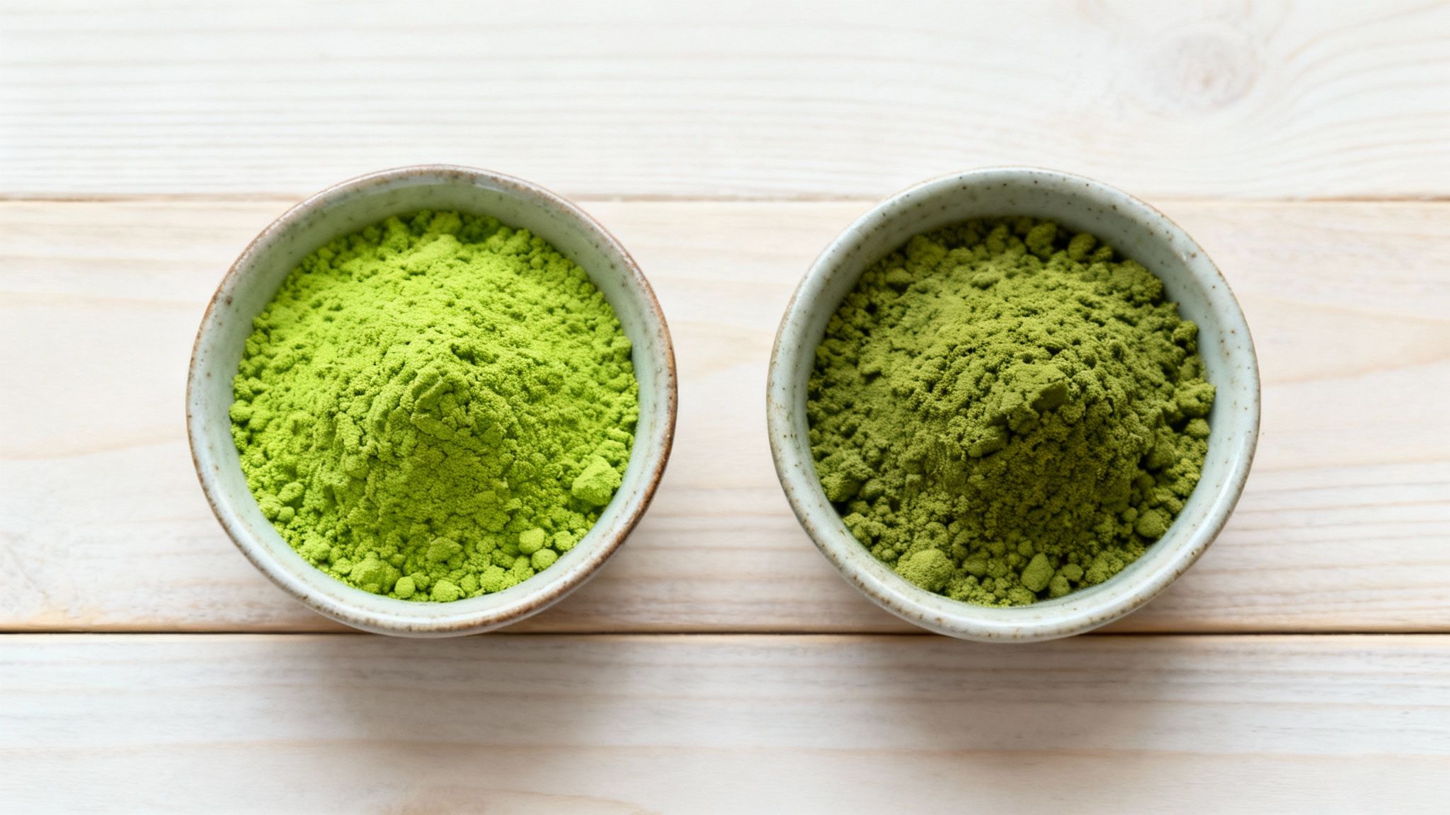 Two bowls of matcha powder side by side, one a vibrant green and the other a duller green, showcasing the difference between ceremonial and culinary grades