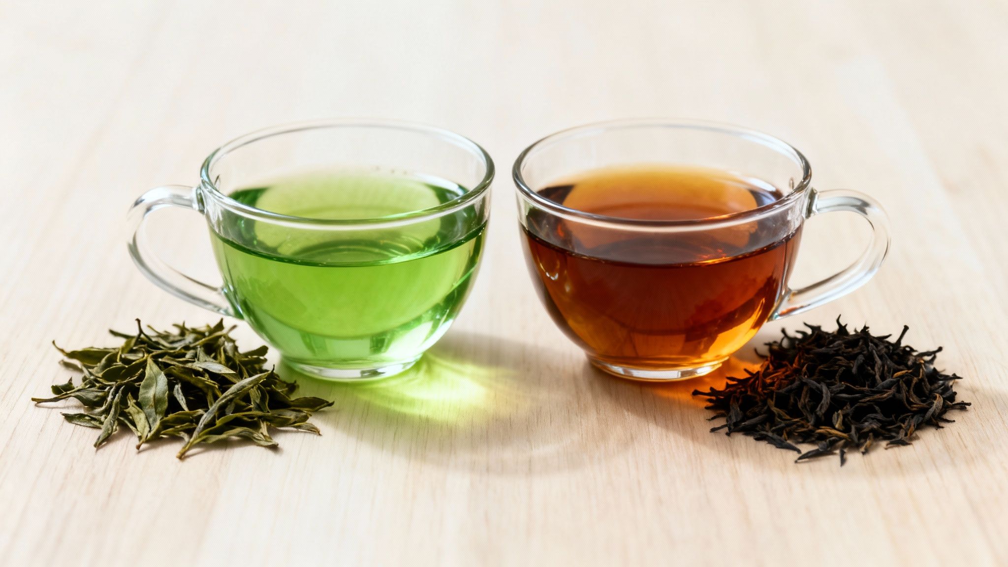 Green and black tea leaves arranged in a yin-yang symbol on a wooden surface.