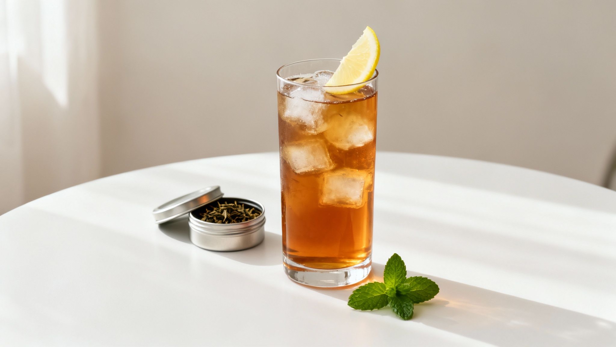 A refreshing glass of iced tea with lemon and ice, next to loose leaf tea and mint on a white table.