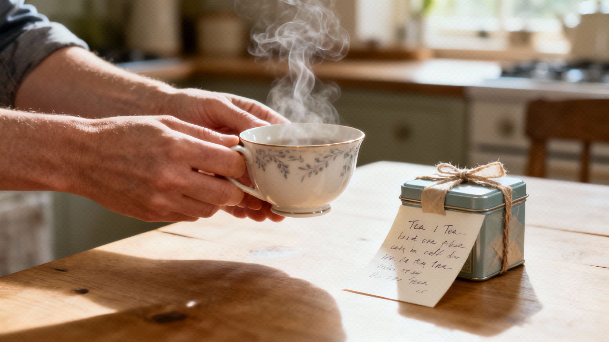 A person pouring tea from a teapot into a cup, with a selection of teas and gift-wrapping materials nearby.
