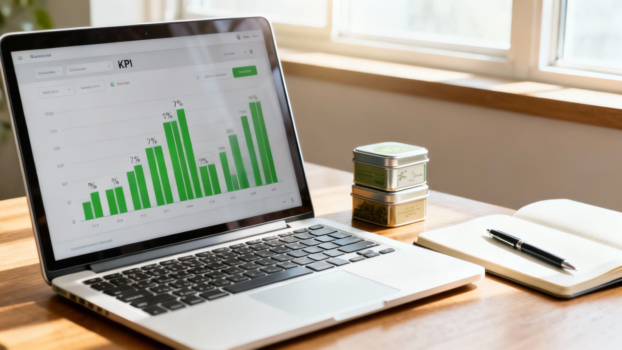A laptop displays a green KPI bar chart on a wooden desk with tea tins and a notebook.