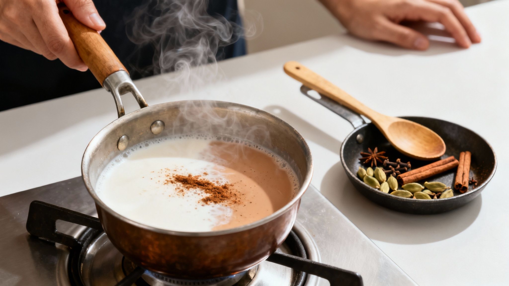 A person's hands prepare steaming chai latte in a pot on the stove, with whole spices nearby.