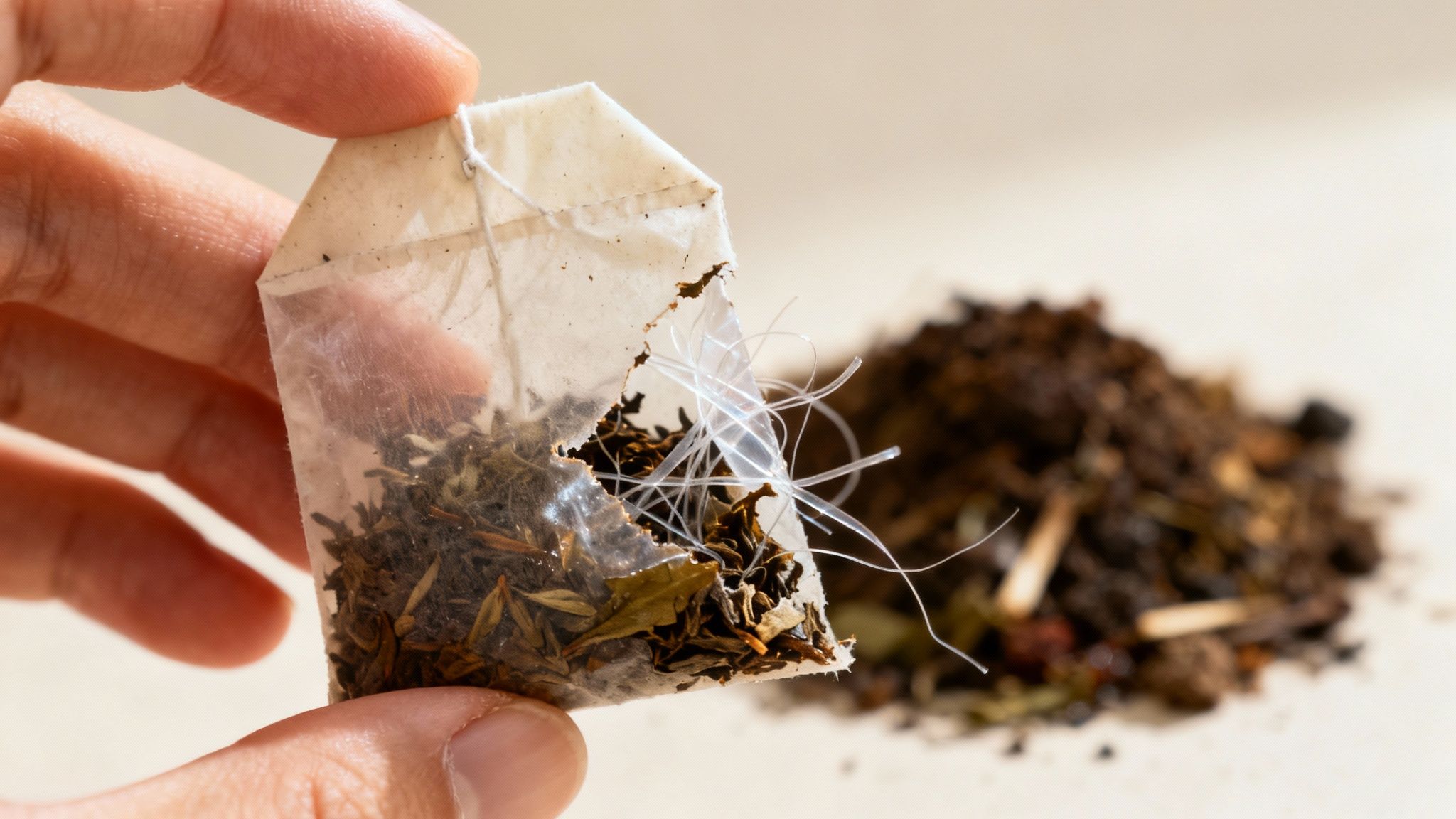 A close-up shot of a single tea bag resting on a wooden surface, with loose tea leaves scattered around it.