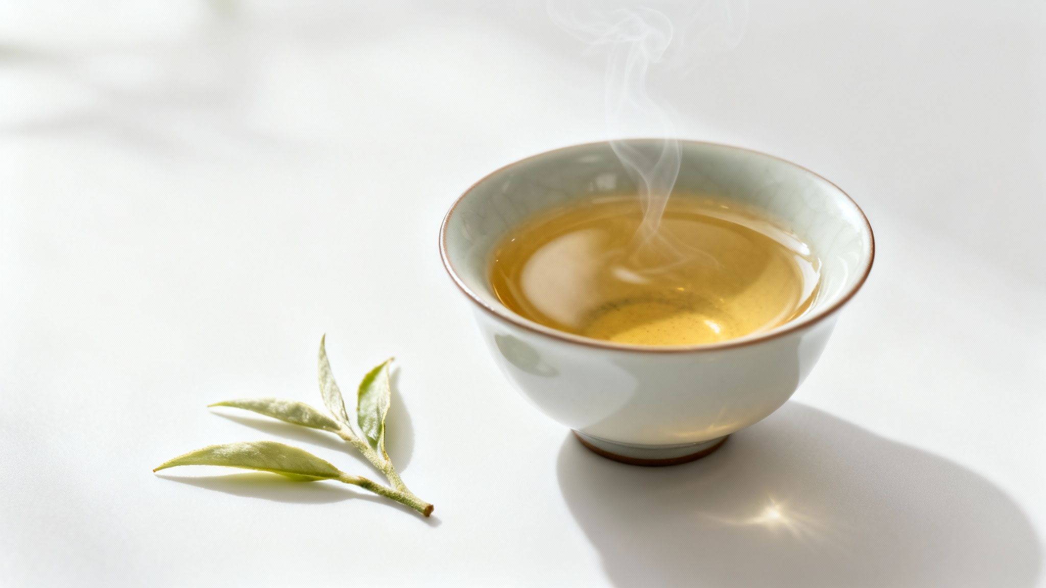 A delicate cup of white tea with loose leaves scattered beside it, creating a serene and inviting scene.
