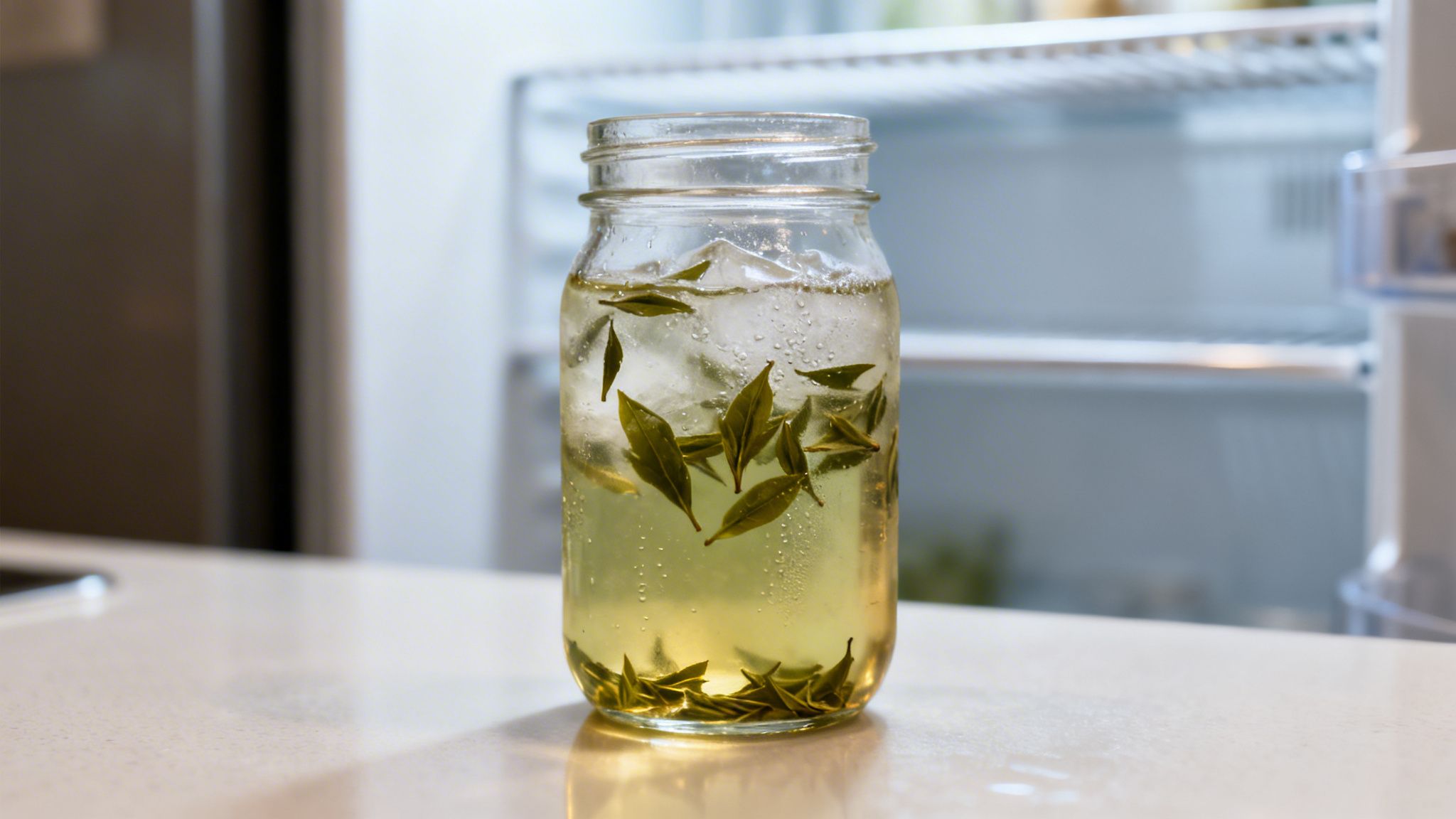 A refreshing glass jar of iced green tea with loose leaves and ice cubes on a white counter.
