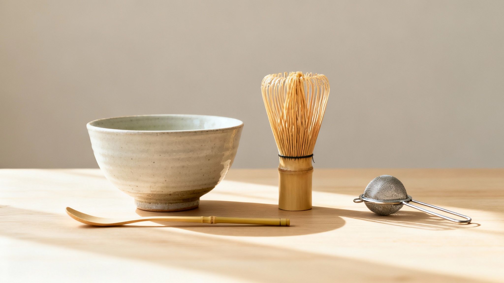A traditional matcha tea toolkit with a bamboo whisk, bowl, and scoop laid out neatly.