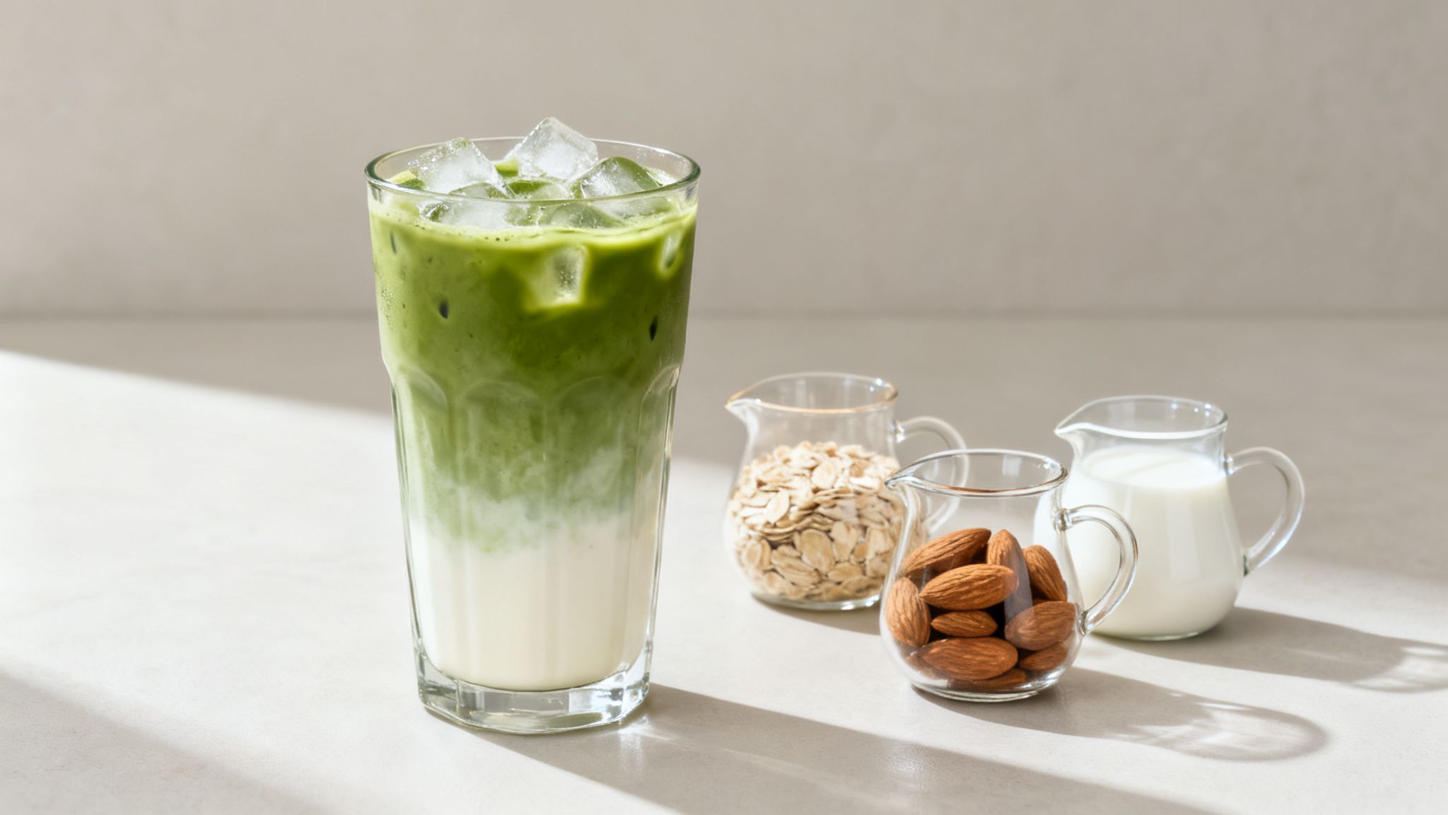 A refreshing iced matcha latte in a tall glass with oats, almonds, and milk on a table.