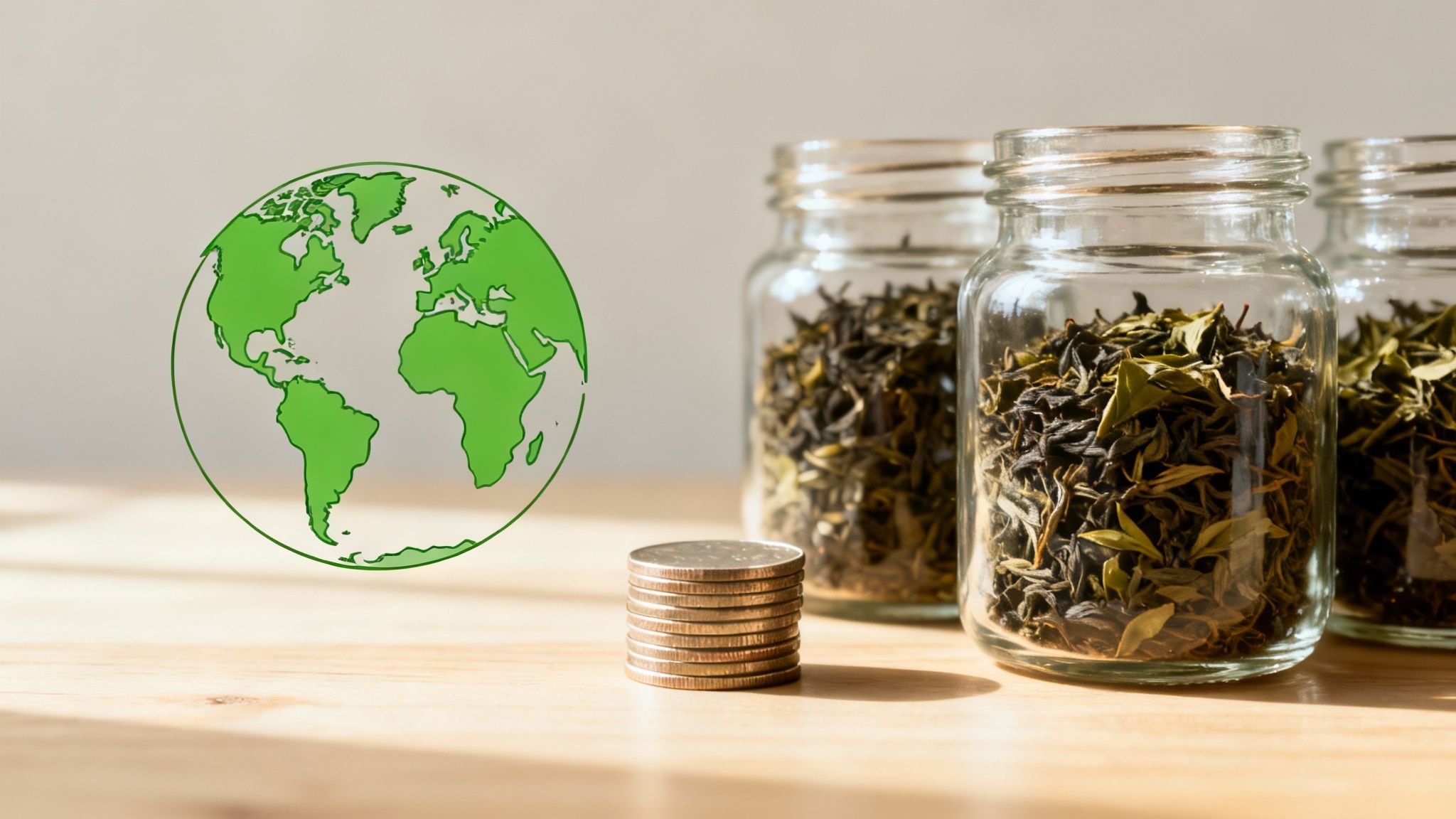 A person holding a reusable cup filled with loose leaf tea, with a green, natural background.