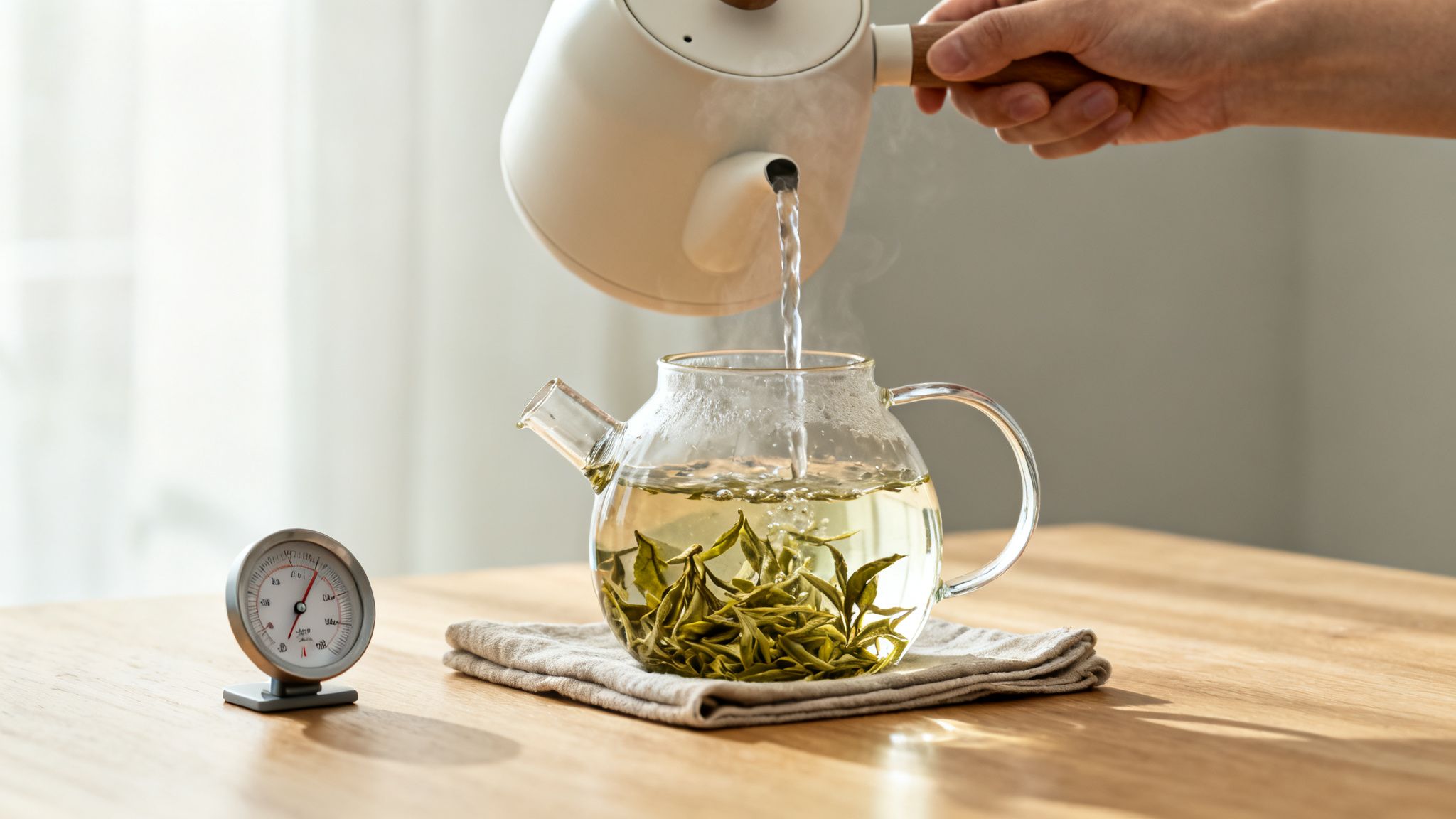 A hand pours hot water from a white kettle into a glass teapot with green tea leaves on a wooden table.
