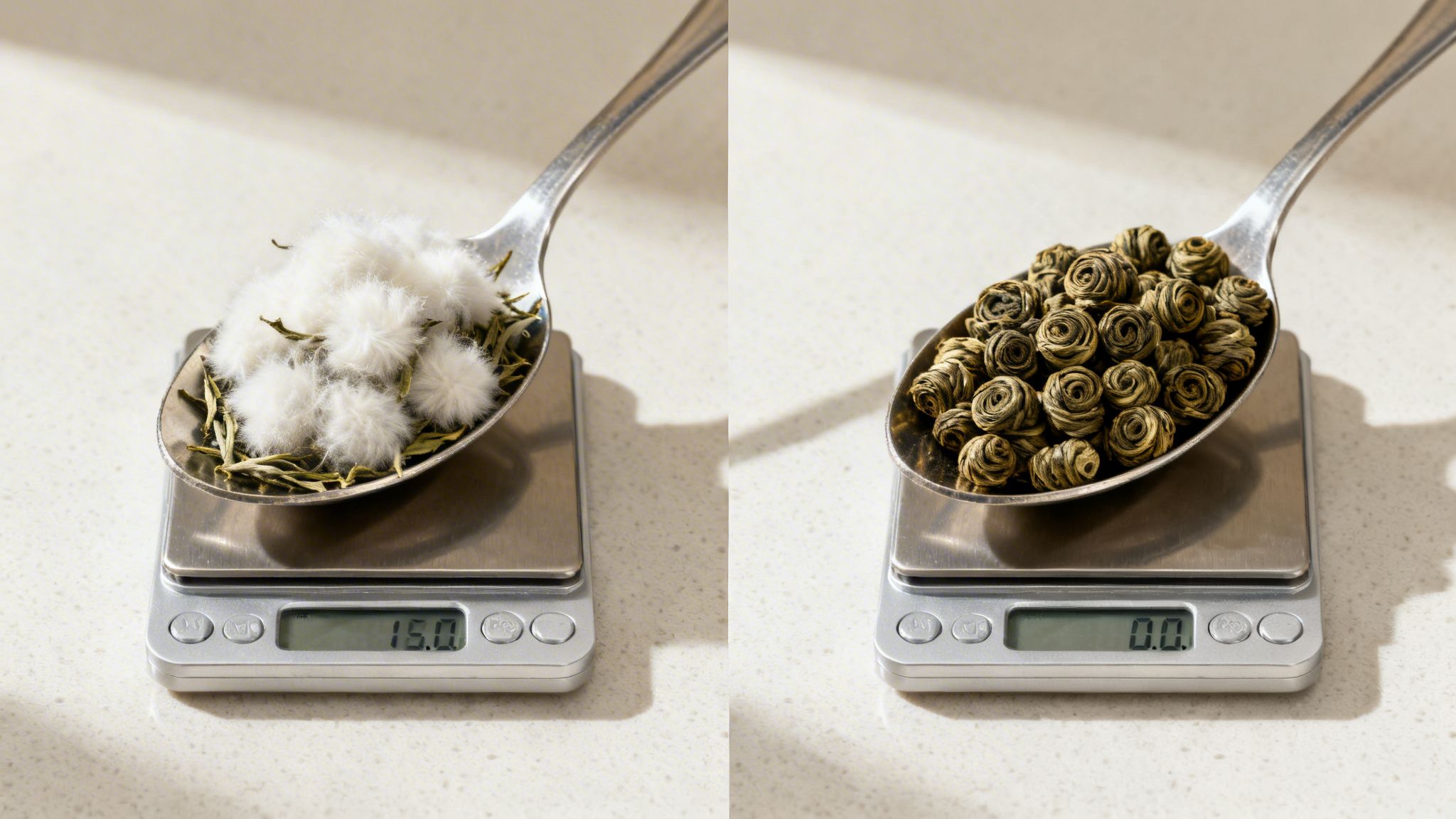 Digital scales with spoons: one holding 15 grams of fluff, the other with rolled green tea.