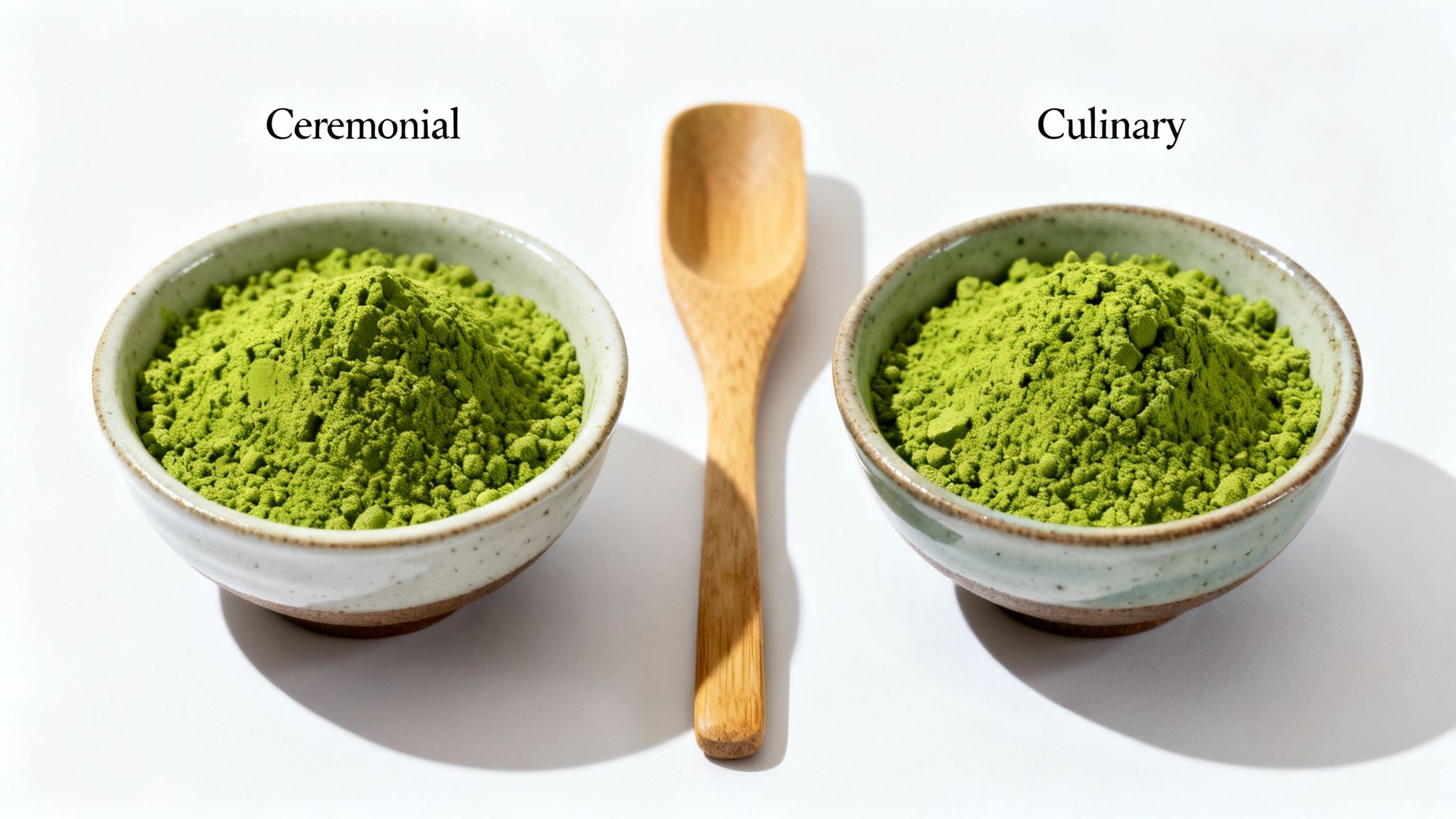 Two bowls of green matcha powder, labeled ceremonial and culinary, with a wooden spoon.