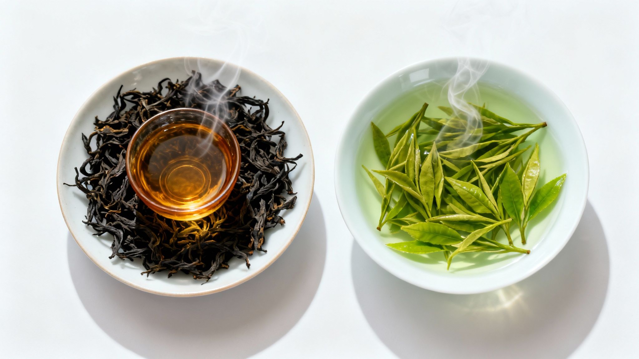 Overhead view of steaming black tea with dried leaves and green tea with fresh leaves.