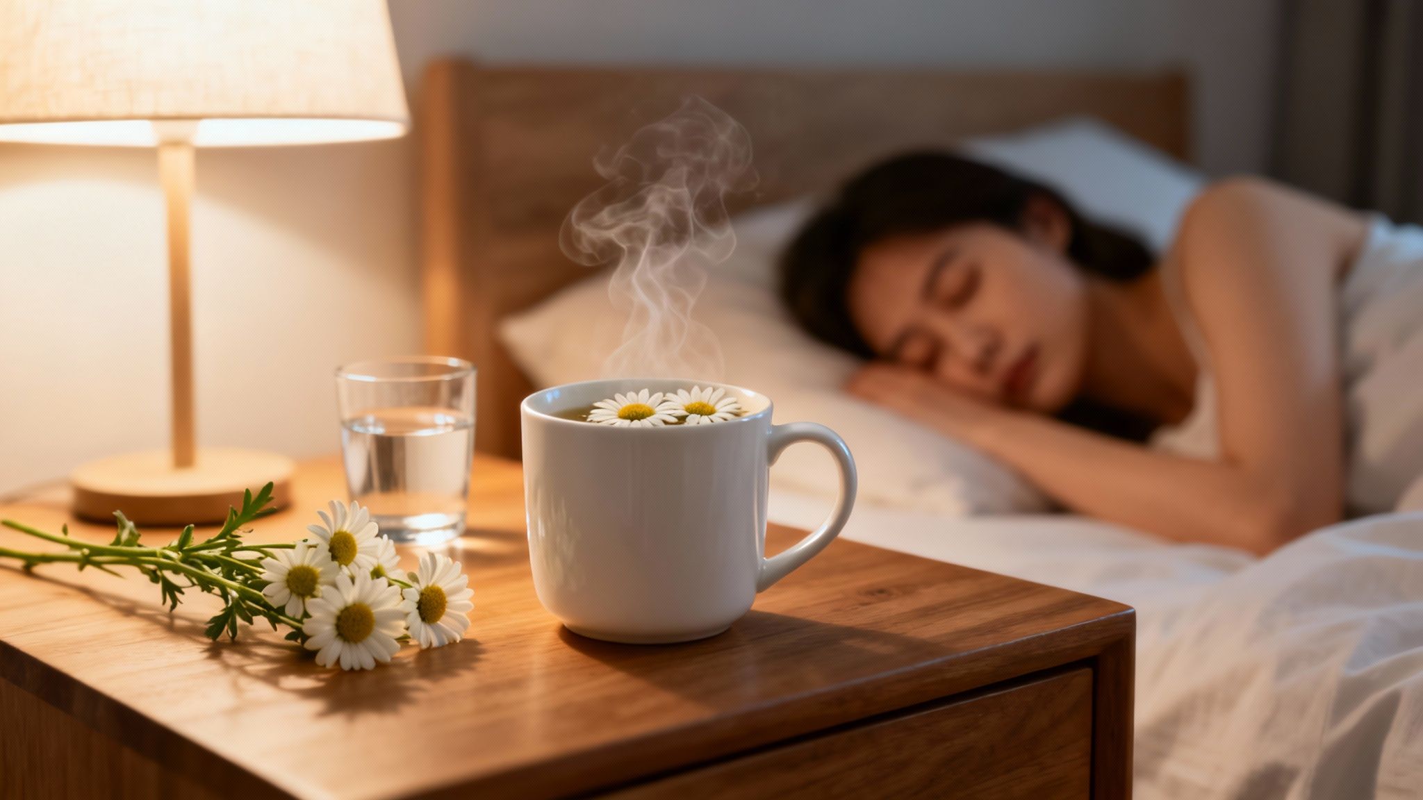 A peaceful woman sleeps in bed beside a nightstand with steaming chamomile tea, water, and flowers.