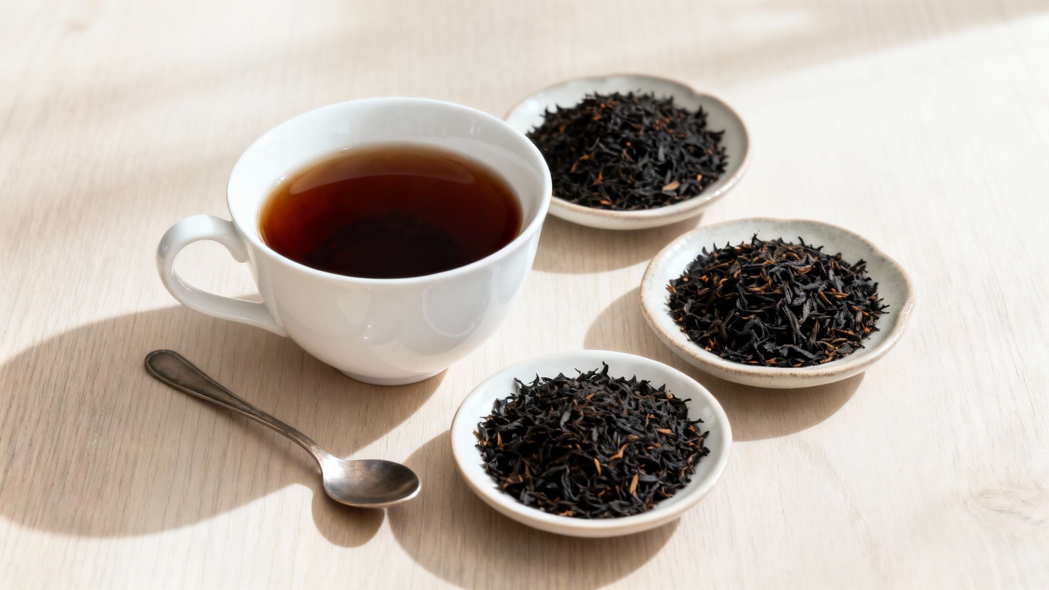 A white tea cup with brewed black tea, three small bowls of dry black tea leaves, and a spoon.