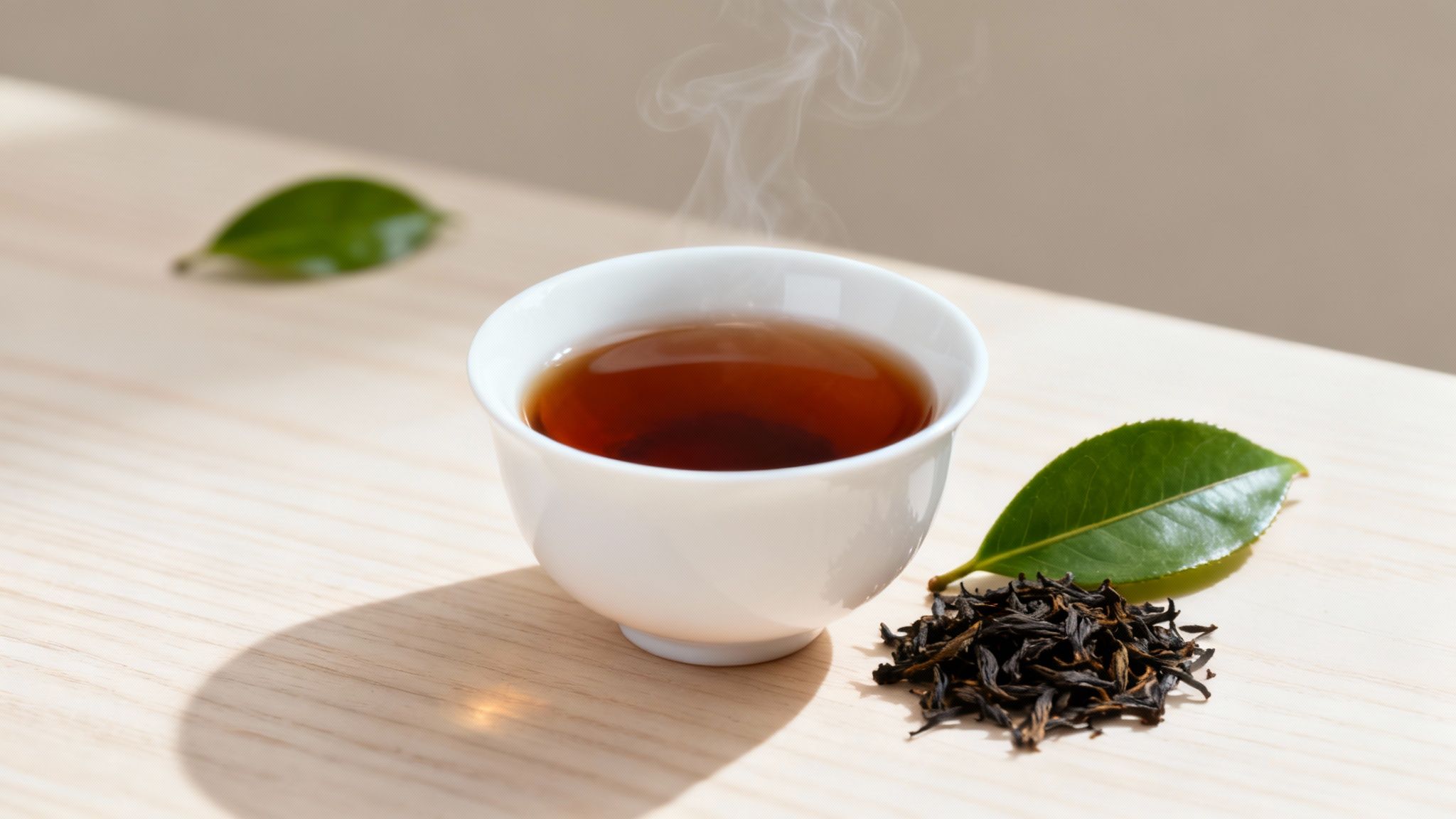 White porcelain cup of brewed black tea with loose dried tea leaves and fresh green tea leaf