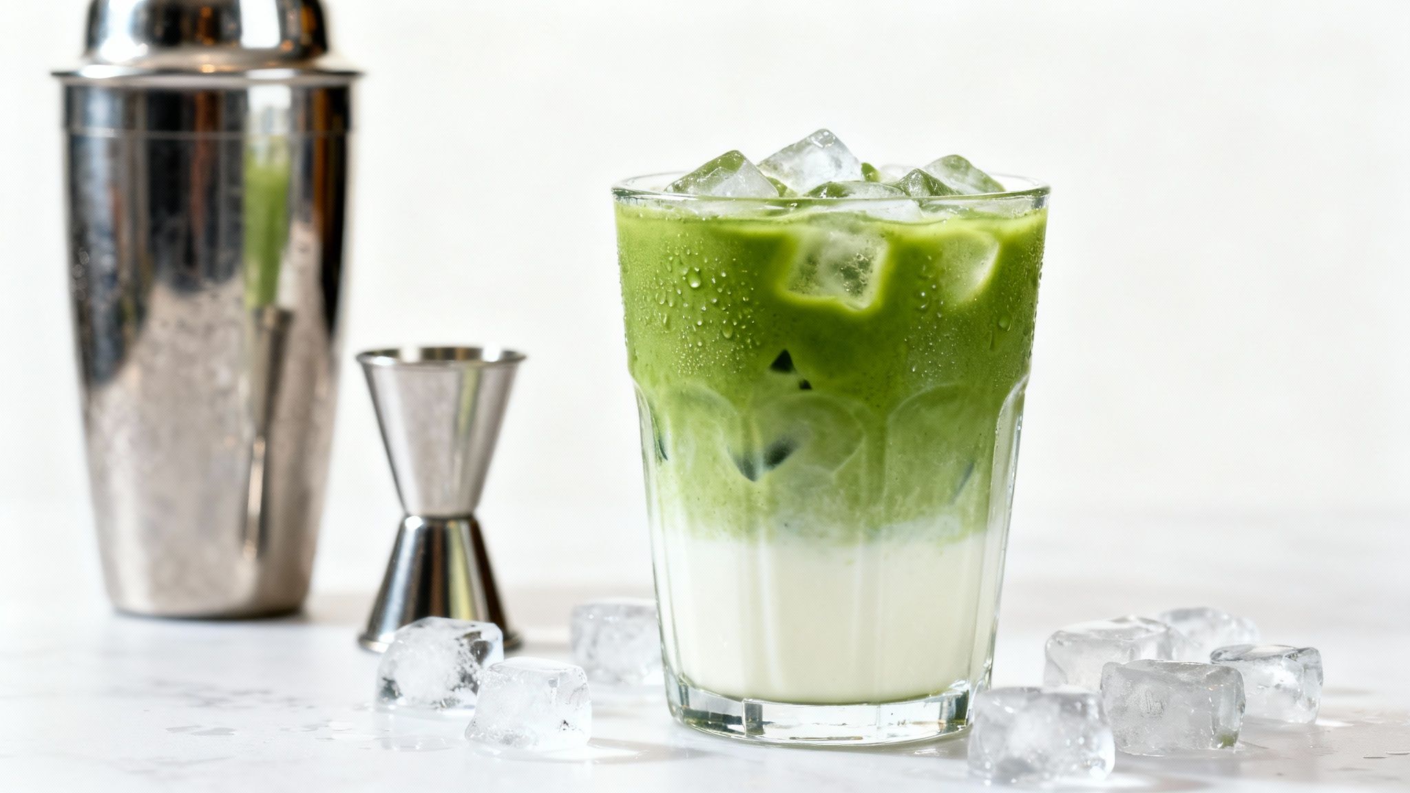Iced matcha latte in a glass with condensation, ice, a shaker, and a jigger.