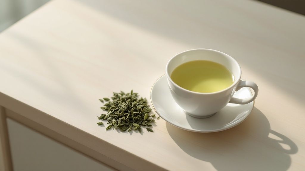 A warm cup of green tea in a traditional cup and saucer, surrounded by fresh green tea leaves.