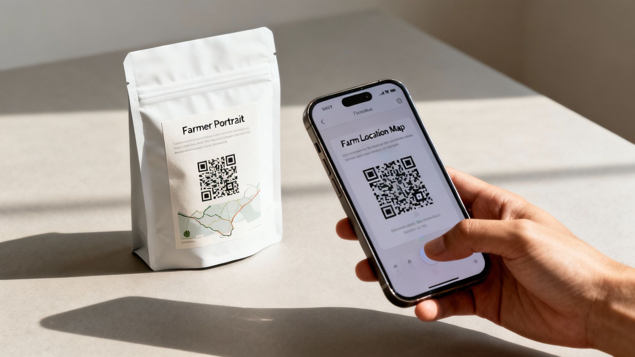 A hand holds a smartphone showing a 'Farm Location Map' next to a product pouch with a 'Farmer Portrait' label and QR code.