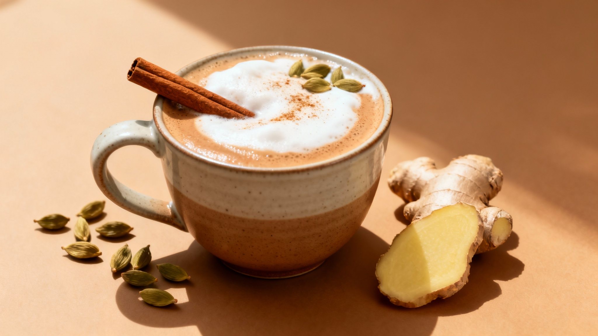 A cozy mug of chai latte with a cinnamon stick, cardamom pods, and fresh ginger.