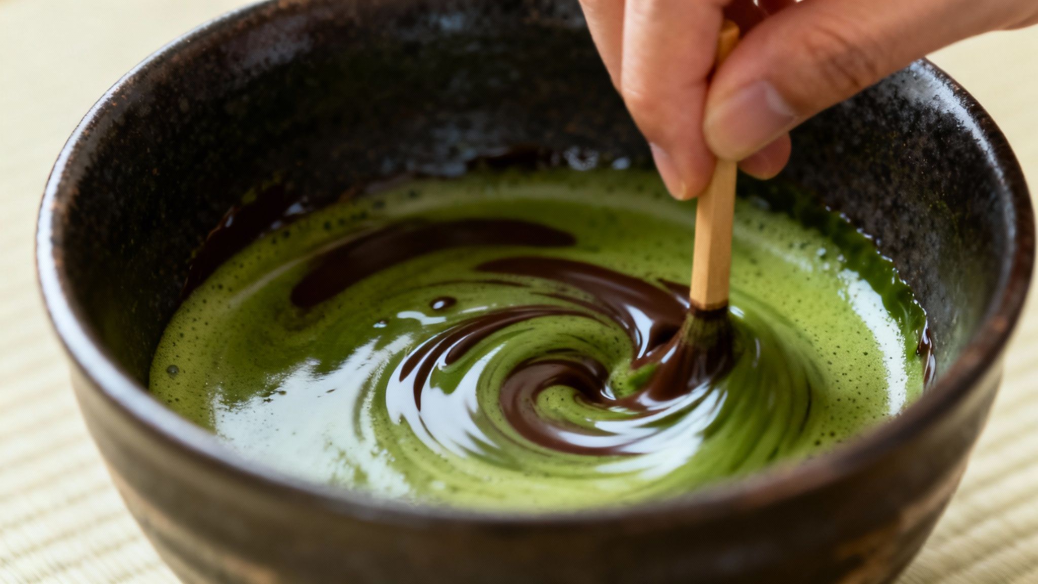 Close-up of a hand whisking dark chocolate into vibrant green matcha tea in a ceramic bowl.