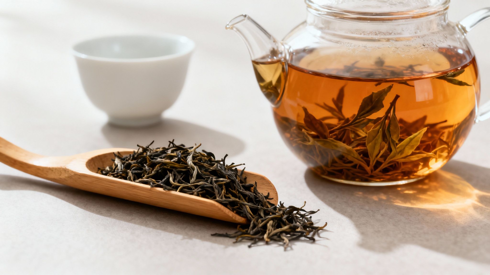 A glass teapot with brewing loose leaf tea, dry tea leaves in a wooden scoop, and a white teacup.