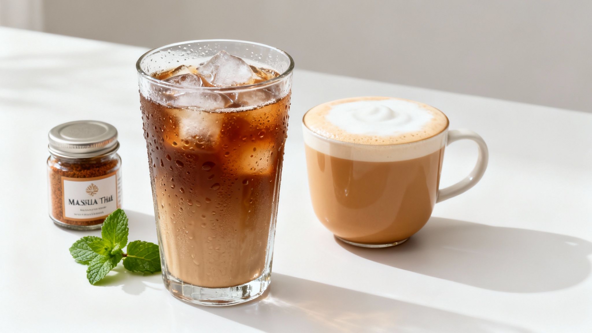 An iced masala chai and a hot foamy masala chai, with spice and mint.