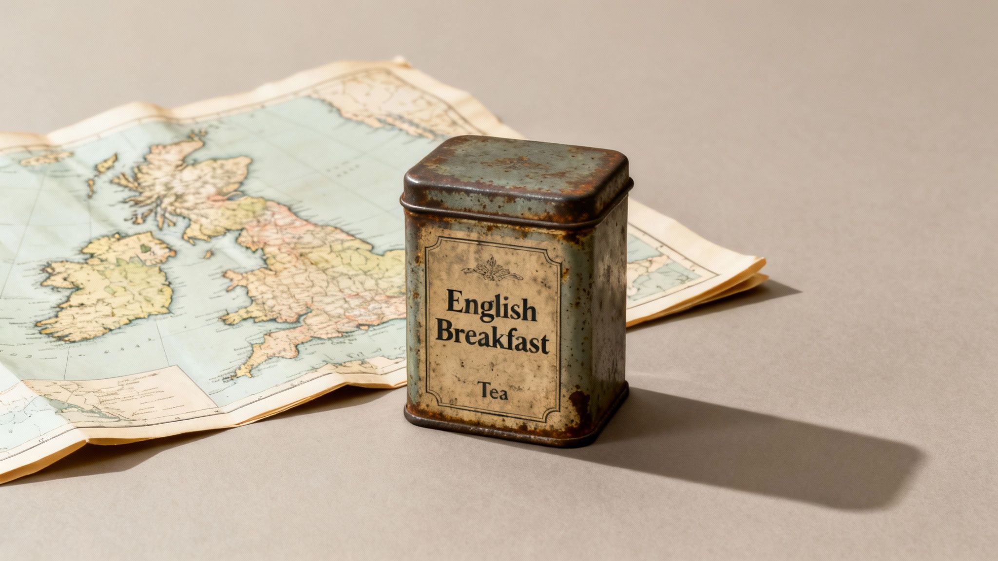 A rustic English Breakfast tea tin stands beside a vintage map of the British Isles.