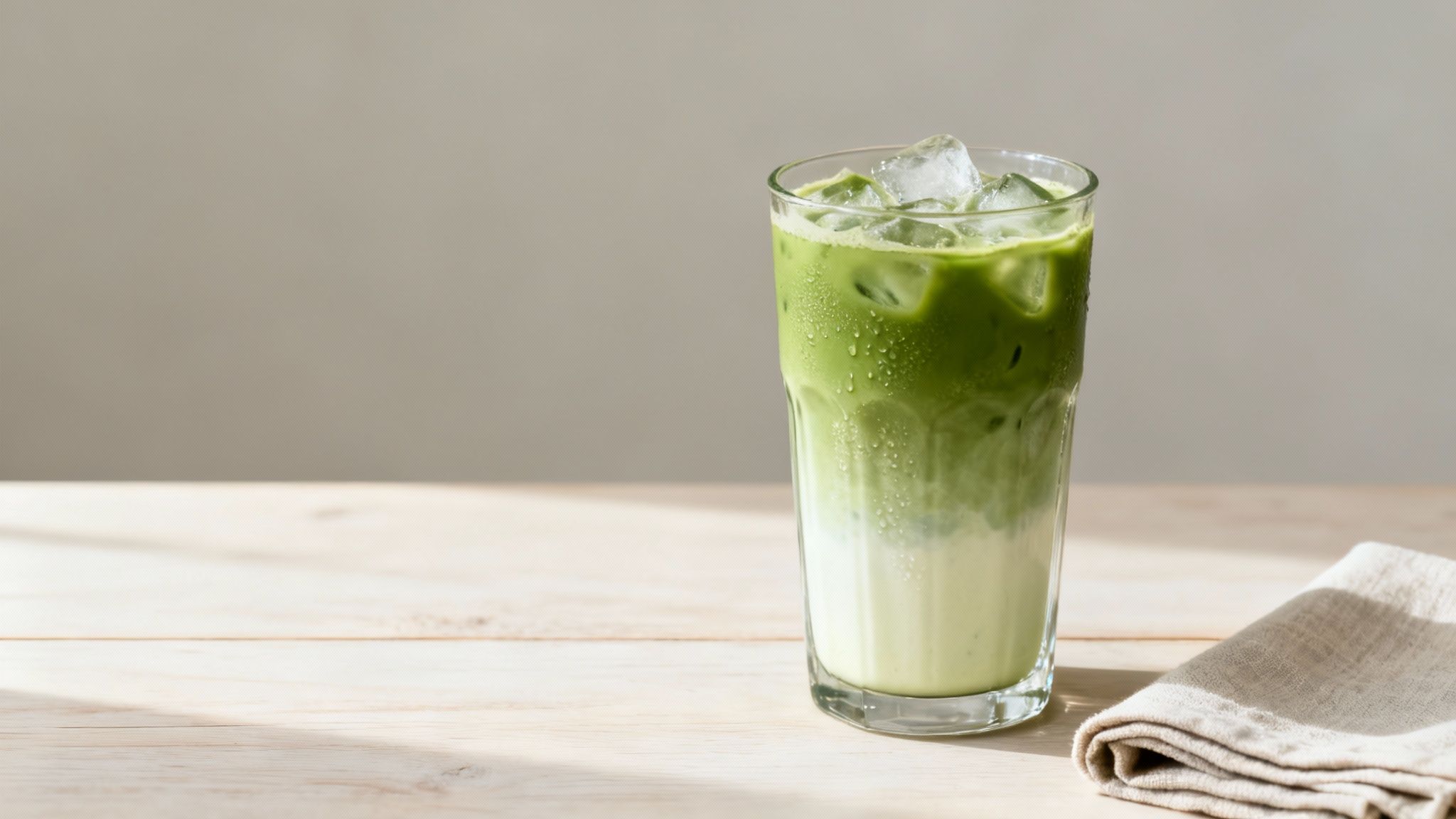 Iced matcha latte with green tea and milk, topped with ice, on a wooden table with a napkin.
