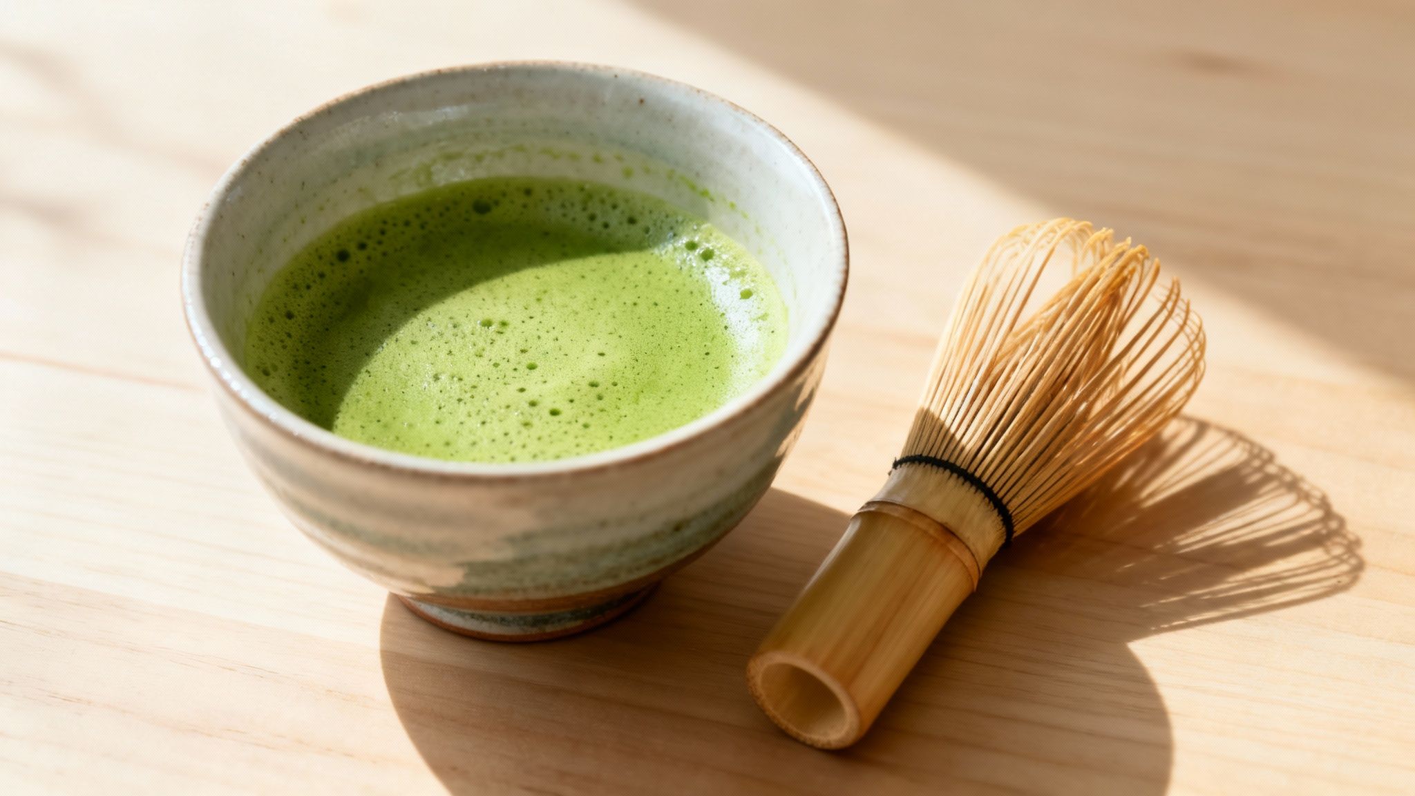A perfectly prepared cup of matcha tea in a traditional bowl, with a bamboo whisk next to it.