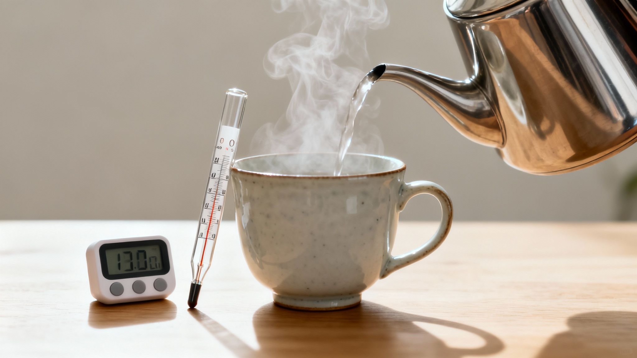 A metal kettle pours steaming hot water into a mug next to a digital timer and a mercury thermometer.