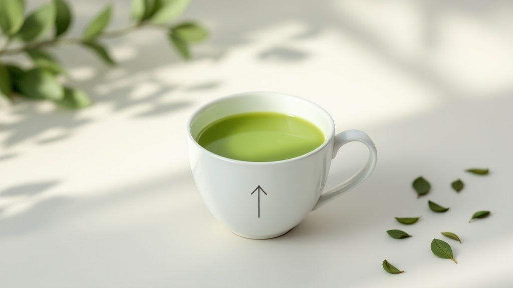 A close-up shot of a clear glass teapot with green tea leaves steeping inside.