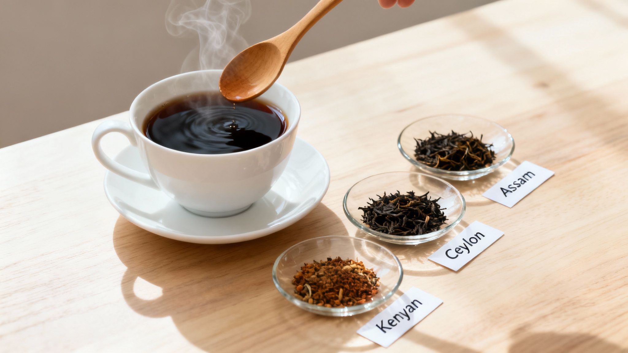 A hand stirs a steaming cup of black tea, next to labeled bowls of Assam, Ceylon, and Kenyan loose leaf teas.