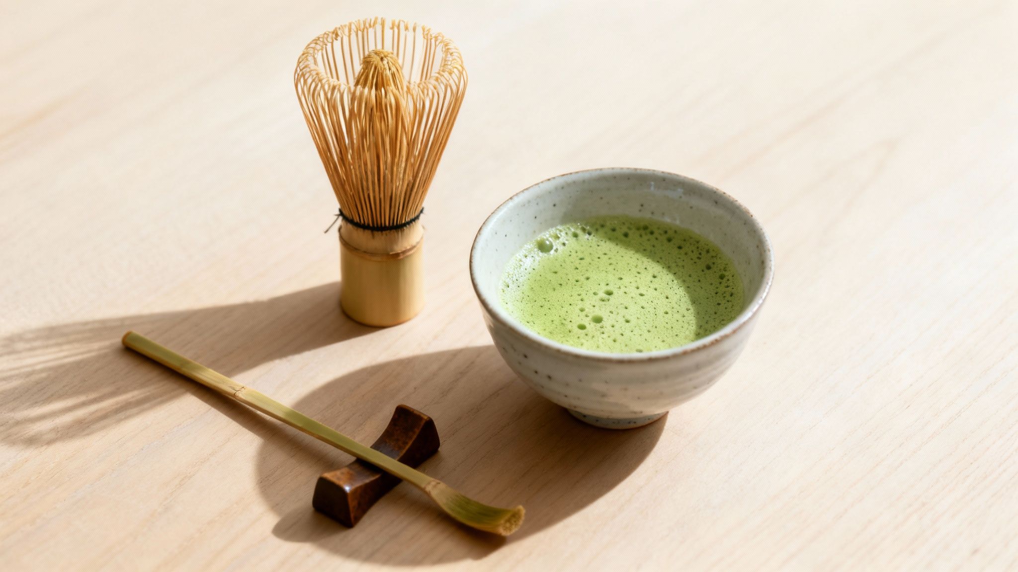 Matcha tea ceremony set featuring a bowl of green tea, bamboo whisk, and scoop on a light wooden table.
