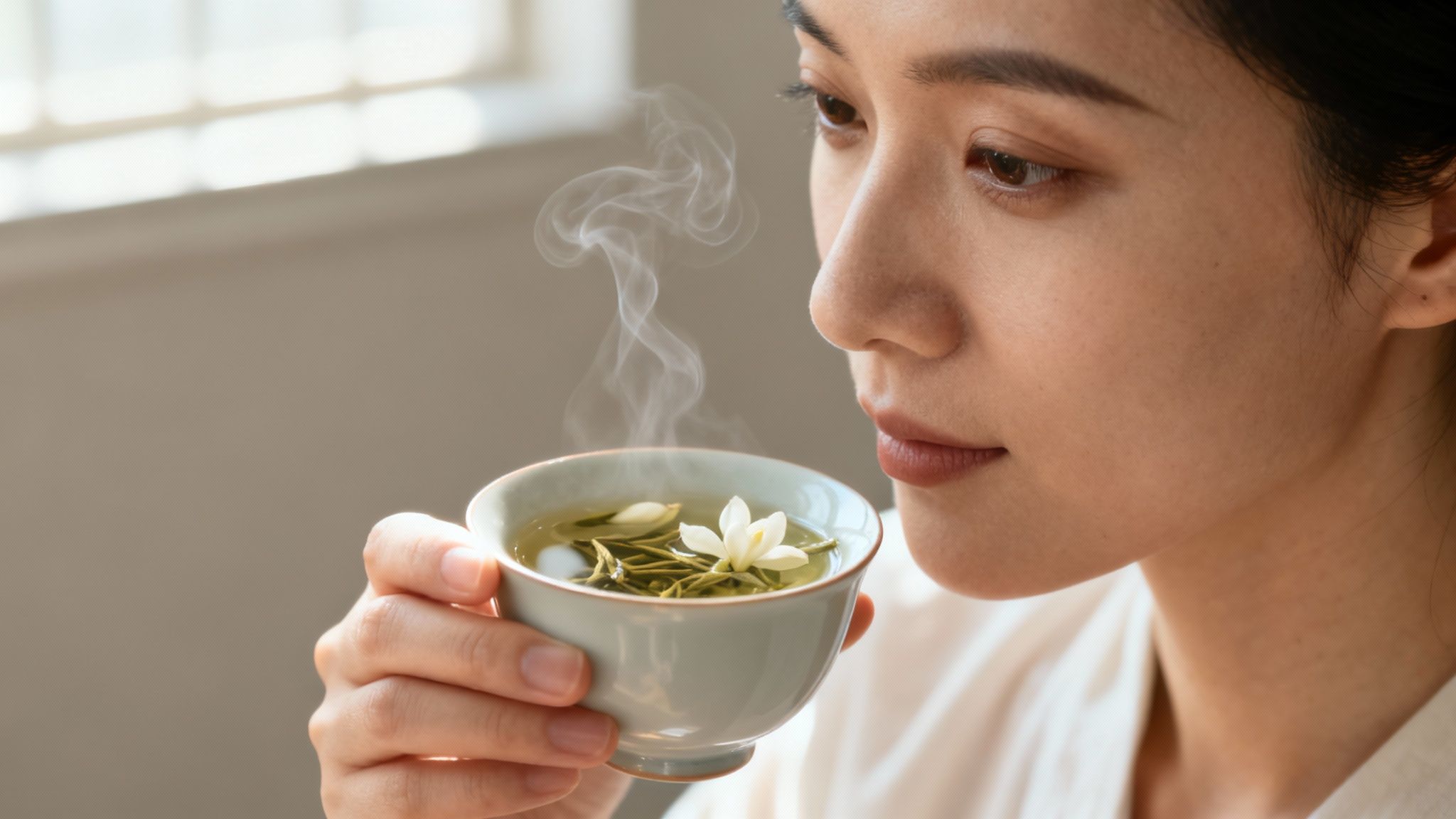 A person mindfully holding a warm cup of jasmine green tea, looking relaxed and focused.