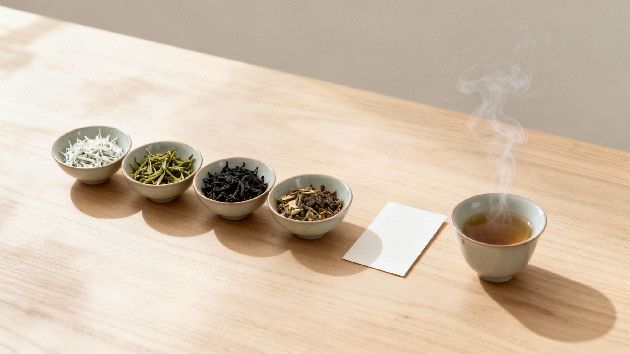 Assortment of tea varieties in bowls with a steaming cup and a blank card on a table.