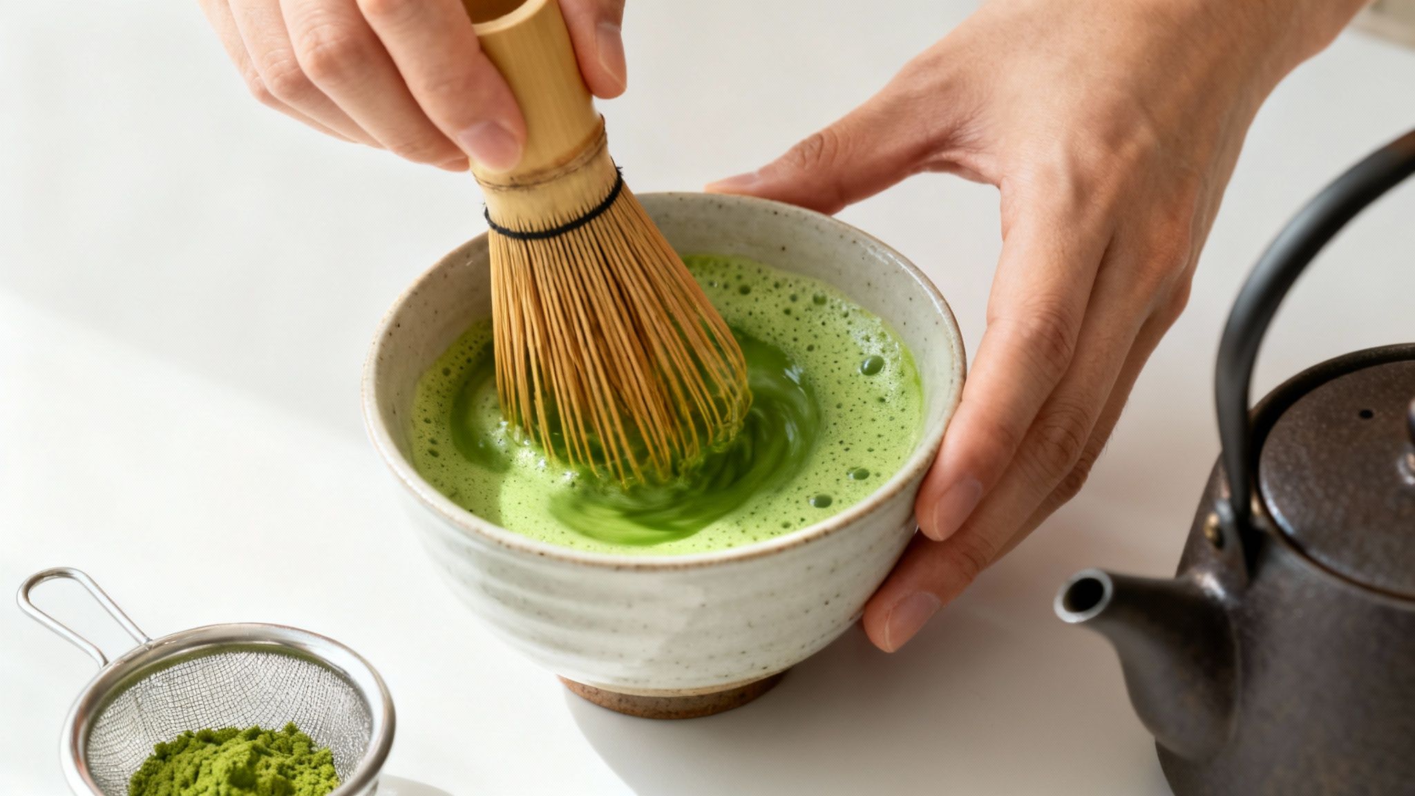 Hands whisking vibrant green matcha tea in a ceramic bowl with a traditional bamboo whisk.