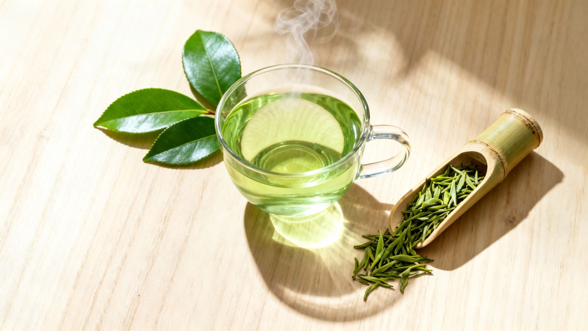 A steaming cup of green tea, fresh tea leaves, and dried tea in a bamboo scoop on wood.